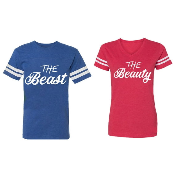The Beast The Beauty Matching Couple Cotton Jerseys (Men Royal / Women Red) (Men XL / Women S)