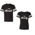 thumbnail image 1 of The Beast The Beauty Unisex Couple Matching Cotton Jersey style T-Shirt Contrasting stripes on sleeves (Men Black / Women Black) (Men S / Women M), 1 of 3