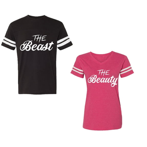 The Beast The Beauty Unisex Couple Matching Cotton Jersey style T-Shirt Contrasting stripes on sleeves (Men Black / Women Pink) (Men L / Women XXL)