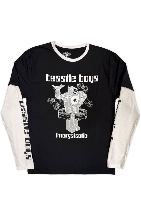 The Beastie Boys Unisex Layered Long Sleeve T-Shirt Intergalactic Robot (Black & White) (Sleeve Print) (Large)