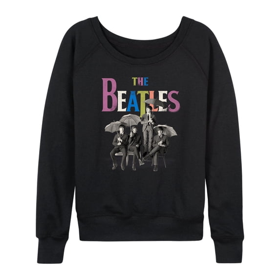 The Beatles - Logo With Members Holding Umbrellas Women's Lightweight French Terry Wide Neck Long Sleeve Graphic Shirt
