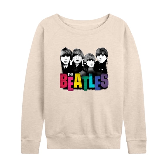 The Beatles - Rainbow Logo with Group Members Women's Lightweight French Terry Wide Neck Long Sleeve Graphic Shirt