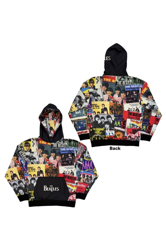 The Beatles Unisex Pullover Hoodie: Single Covers (Black) (All Over Print)