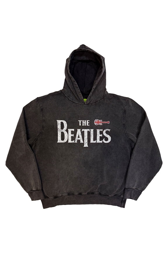 The Beatles Unisex Stone Wash Pullover Hoodie Sweatshirt Guitar & Drop T (Charcoal Grey) (Medium)