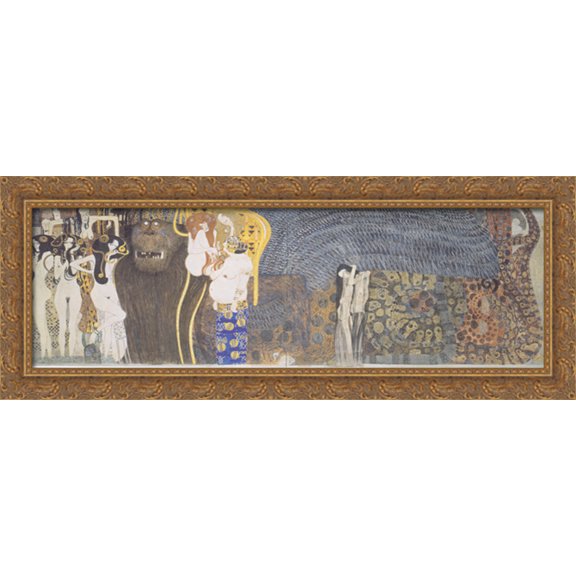 The Beethoven Frieze The Hostile Powers. Far Wall 40x16 Large Gold Ornate Wood Framed Canvas Art by Gustav Klimt