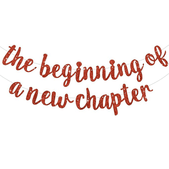 The Beginning of a New Chapter Banner, Red Glitter, Party Decoration, Cursive Script Style