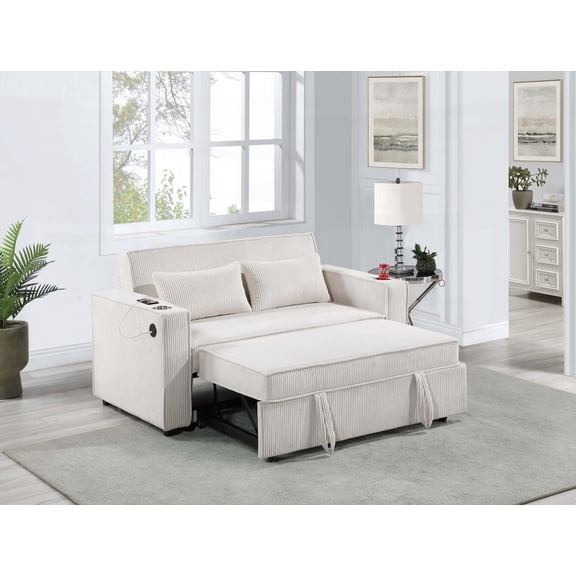 The Beige Corduroy 2-Seat Sofa - With Cup Holders & USB for Easy Use