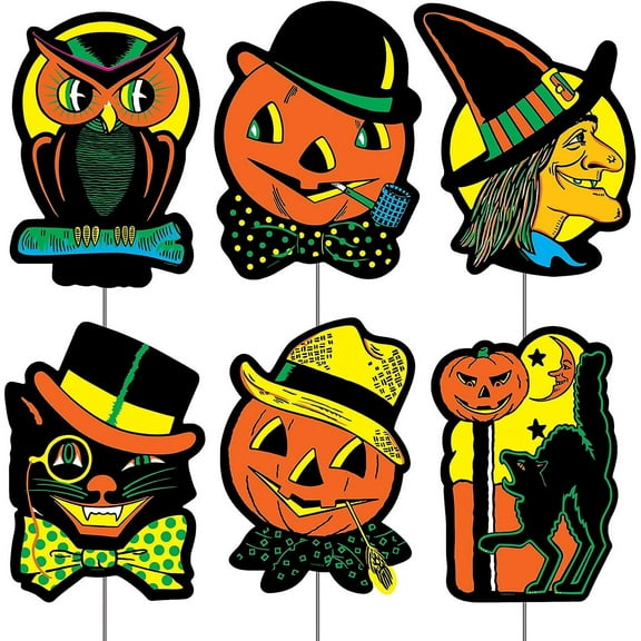 Beistle 6 Piece 12.75" x 10" Corrugated Plastic Vintage Halloween Yard Signs With Metal Stakes, Retro Fall Lawn Dcor For Outdoors, Made In USA Since 1900, Orange/Yellow/Black/Green
