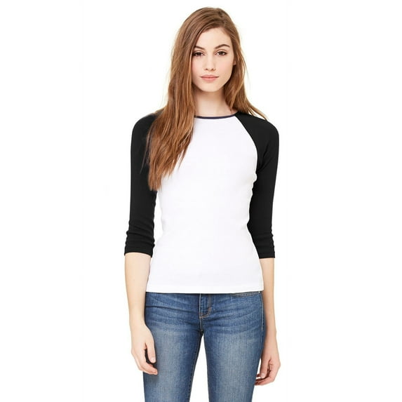 The Bella + Canvas Ladies Baby Rib 3/4 Sleeve Contrast Raglan T-Shirt - WHITE/ BLACK - S