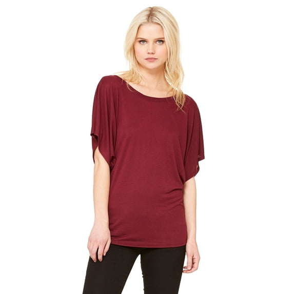 BELLA + CANVAS Women’s Flowy Draped Dolman Tee 8821, S, Maroon