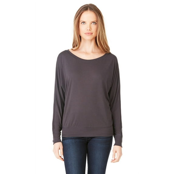 The Bella + Canvas Ladies Flowy Long Sleeve Off Shoulder T-Shirt - DARK GREY - XS