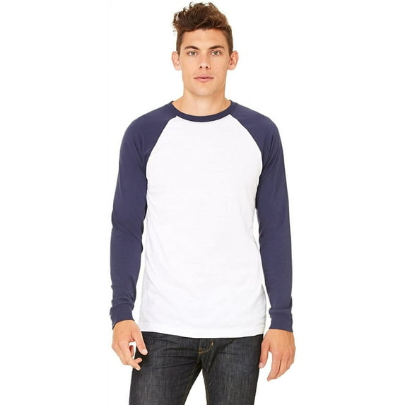 The Bella + Canvas Mens Jersey Long Sleeve Baseball T-Shirt - WHITE/ NAVY - XL