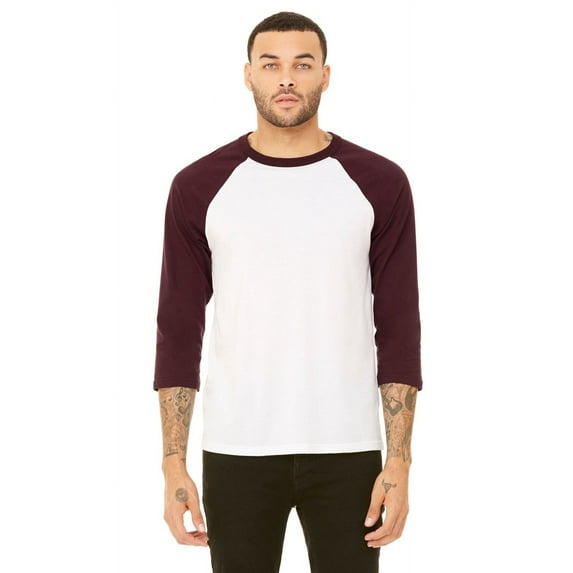 The Bella + Canvas Unisex 3/4 Sleeve Baseball T-Shirt - WHITE/ MAROON - L