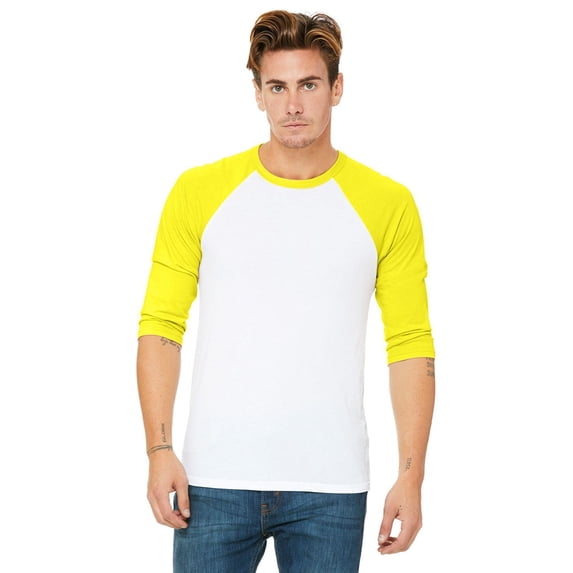 The Bella + Canvas Unisex 3/4 Sleeve Baseball T-Shirt - WHT/ NEON YELLOW - S