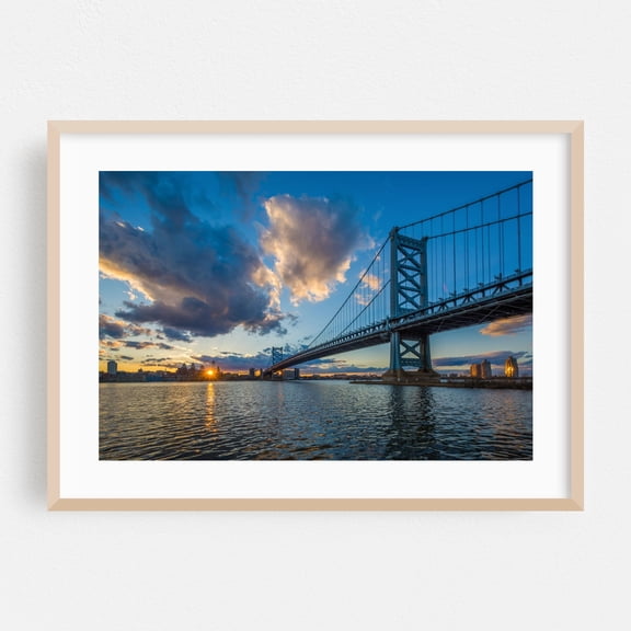 The Ben Franklin - Philadelphia Pennsylvania Photography Bridge Sunset City Water Skyline Architecture Scenic Oak Framed Wall Art Print 5 x 7 inches