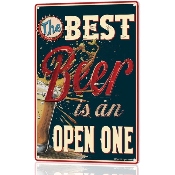 "The Best Beer is an Open One" Funny Bar Sign or Man Cave Decor | 12x8 Durable Vintage Metal Beer Signs Wall Decorations for Home Bar/Basement/Garage/Mancave, 2347