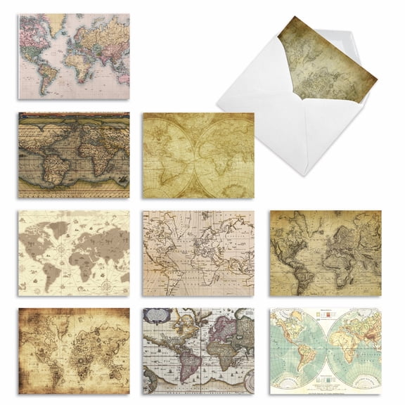 The Best Card Company 10 Assorted Blank All Occasions Notes Set 4x5.12 w/ Envelopes, 10x1 Designs, for Men, Women, Map Quests M3076