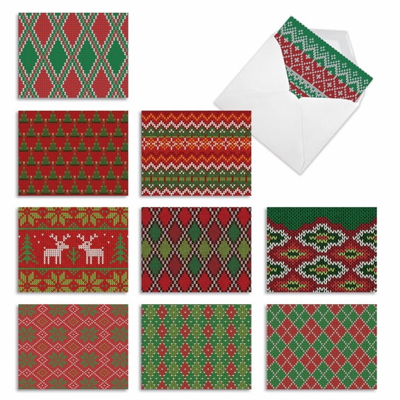 The Best Card Company 10 Assorted Blank Christmas Notes Bulk Set 4x5.12 w/ Envelopes, 10x1 Designs, for Men, Women, Christmas Knits M9625XSB