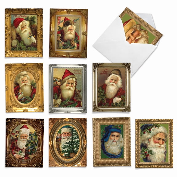 The Best Card Company 10 Assorted Christmas Notes Bulk Set 4x5.12 w/ Envelopes, 10x1 Designs, For Men, Women, Picture-Perfect Santas M1746XS