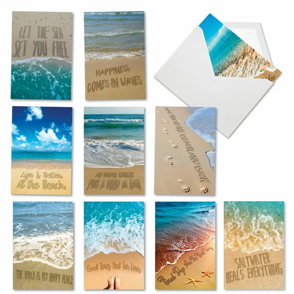 The Best Card Company 10 Assorted Set Blank Greeting Cards - Lifes a Beach - Oceanside Sunny Surf and Sand with Beach Messages