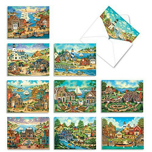 The Best Card Company - 10 Blank Note Cards Boxed (4 x 5.12 Inch) - Architecture, All Occasion Greeting Cards - This Old Town AM6329OCB-B1x10
