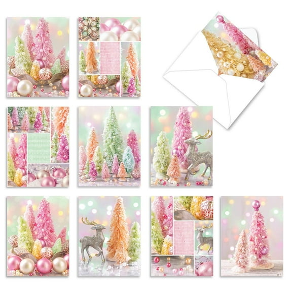 The Best Card Company - 10 Retro Merry Christmas Cards Bulk - Vintage Holiday Notecards with Envelopes (4 x 5.12 Inch) - Pastel Noel M6714XSG