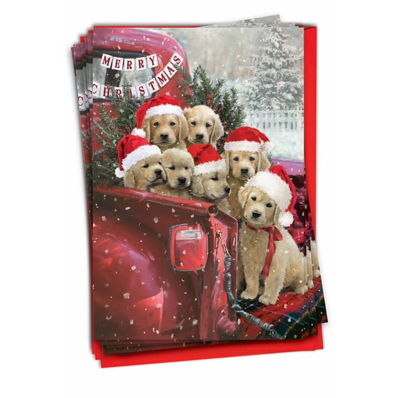 The Best Card Company 12 Christmas Greeting Cards Boxed Set with 5 x 7 Inch Envelopes (1 Design, 12 Each) Red Truck Puppies-Goldens C3375BXSG-B12x1