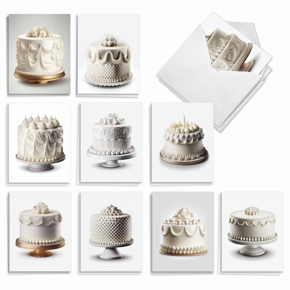 The Best Card Company 20 Assorted Birthday Notecards Boxed Set 4 x 5.12 Inch with Envelopes (10 Designs, 2 Each) Elegant Cakes AM10044BDG-B2x10
