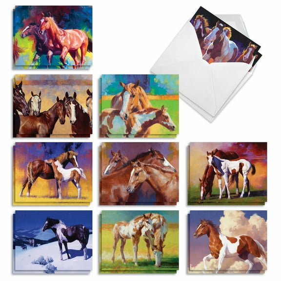 The Best Card Company 20 Assorted Blank All Occasions Notecards Box Set 4 x 5.12 Inch with Envelopes (10 Designs, 2 Each) Wild Horses AM2824OCB-B2x10
