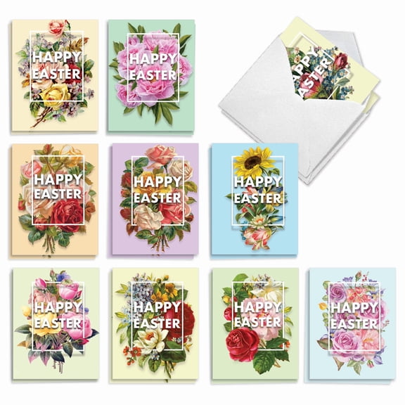 The Best Card Company 20 Assorted Blank Easter Notes Box Set 4 x 5.12 Inch with Envelopes (10 Designs, 2 Each) Flowers for Eastertime AM3532EAB-B2x10