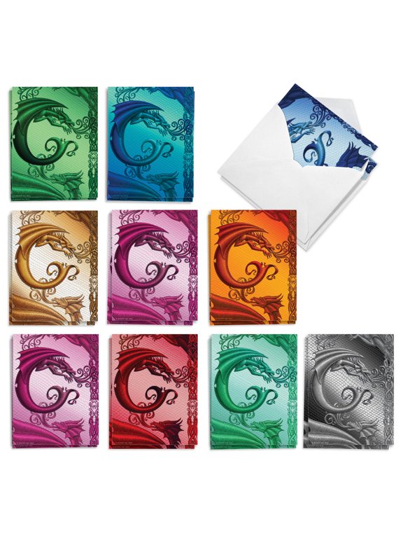 The Best Card Company 20 Assorted Blank Note Cards Box Set 4 x 5.12 Inch with Envelopes (10 Designs, 2 Each) Dragon Initials C AM10320OCB-B2x10