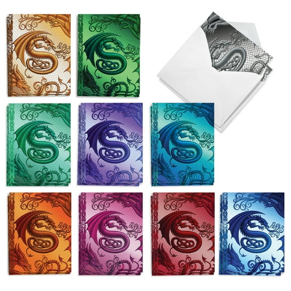 The Best Card Company 20 Assorted Blank Notecards Box Set 4 x 5.12 Inch with Envelopes (10 Designs, 2 Each) Dragon Initials S AM10315OCB-B2x10