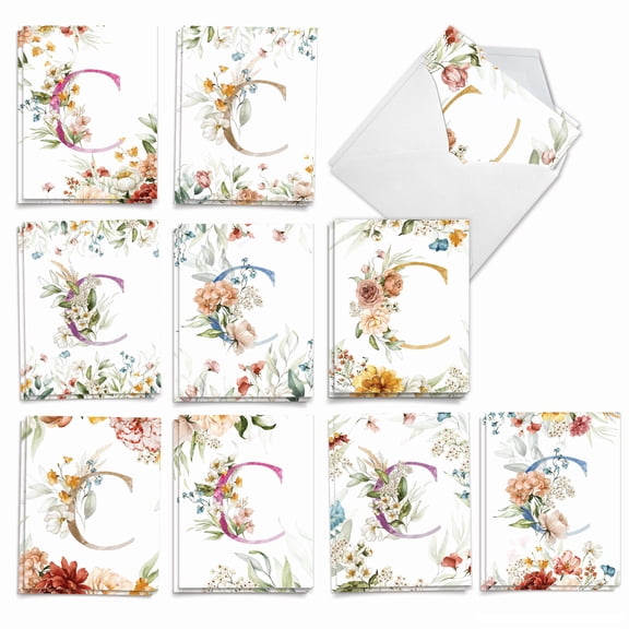 The Best Card Company 20 Assorted Blank Notecards Box Set 4 x 5.12 Inch with Envelopes (10 Designs, 2 Each) Flowering Initial C AM10217OCB-B2x10