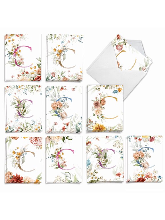 The Best Card Company 20 Assorted Blank Notecards Box Set 4 x 5.12 Inch with Envelopes (10 Designs, 2 Each) Flowering Initial C AM10217OCB-B2x10