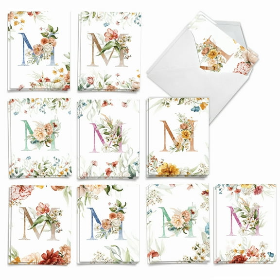 The Best Card Company 20 Assorted Blank Notecards Box Set 4 x 5.12 Inch with Envelopes (10 Designs, 2 Each) Flowering Initial M AM10213OCB-B2x10