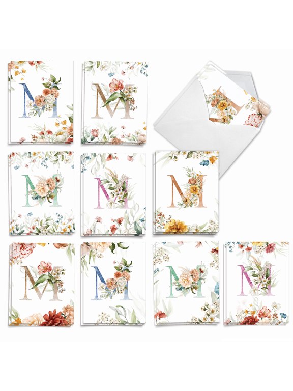 The Best Card Company 20 Assorted Blank Notecards Box Set 4 x 5.12 Inch with Envelopes (10 Designs, 2 Each) Flowering Initial M AM10213OCB-B2x10