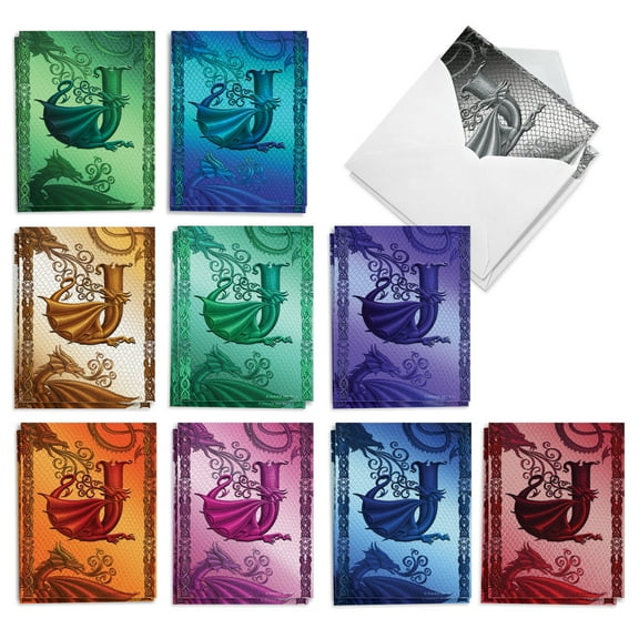 The Best Card Company 20 Assorted Blank Notecards Boxed Set 4 x 5.12 Inch with Envelopes (10 Designs, 2 Each) Dragon Initials J AM10319OCB-B2x10