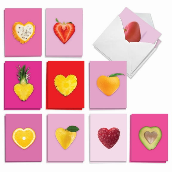 The Best Card Company 20 Assorted Blank Notecards Boxed Set 4 x 5.12 Inch with Envelopes (10 Designs, 2 Each) Fruit Hearts AM8992OCB-B2x10