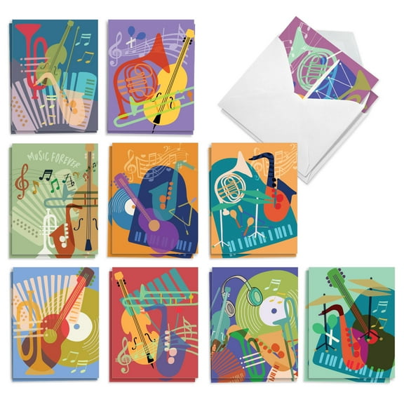 The Best Card Company 20 Assorted Blank Notecards Boxed Set 4 x 5.12 Inch with Envelopes (10 Designs, 2 Each) Musical Notes AM10042OCB-B2x10