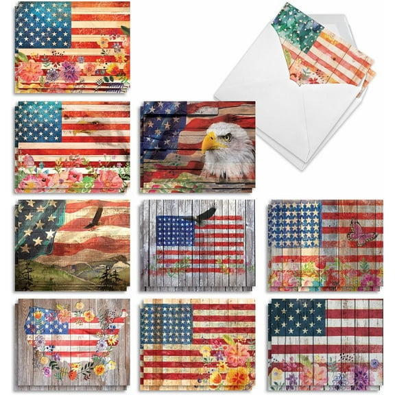 The Best Card Company 20 Assorted Blank Notecards Bulk Box Set 4 x 5.12 Inch with Envelopes (10 Designs, 2 Each) Artful Flags AM6580OCB-B2x10