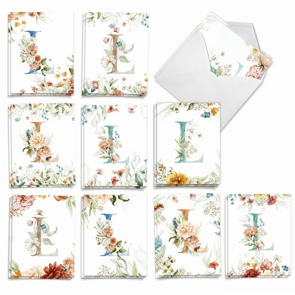The Best Card Company 20 Assorted Blank Notecards Bulk Box Set 4 x 5.12 Inch with Envelopes (10 Designs, 2 Each) Flowering Initial L AM10214OCB-B2x10
