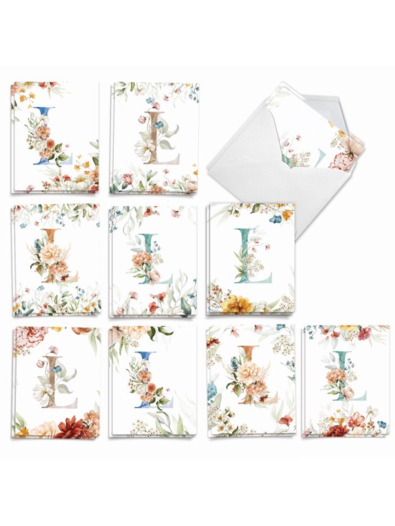 The Best Card Company 20 Assorted Blank Notecards Bulk Box Set 4 x 5.12 Inch with Envelopes (10 Designs, 2 Each) Flowering Initial L AM10214OCB-B2x10