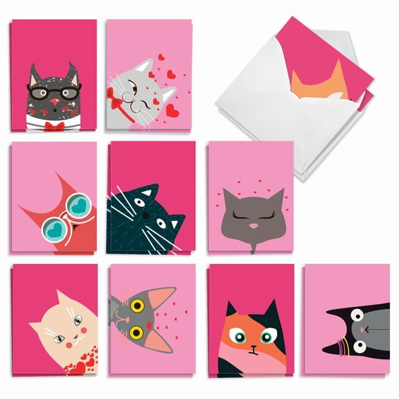 The Best Card Company 20 Assorted Blank Notecards Bulk Box Set 4 x 5.12 Inch with Envelopes (10 Designs, 2 Each) Kitties and Kisses AM5657OCB-B2x10