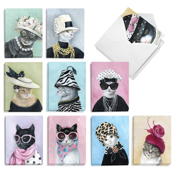 The Best Card Company 20 Assorted Blank Notecards Bulk Set 4 x 5.12 Inch with Envelopes (10 Designs, 2 Each), For Women, Fancy Cats
