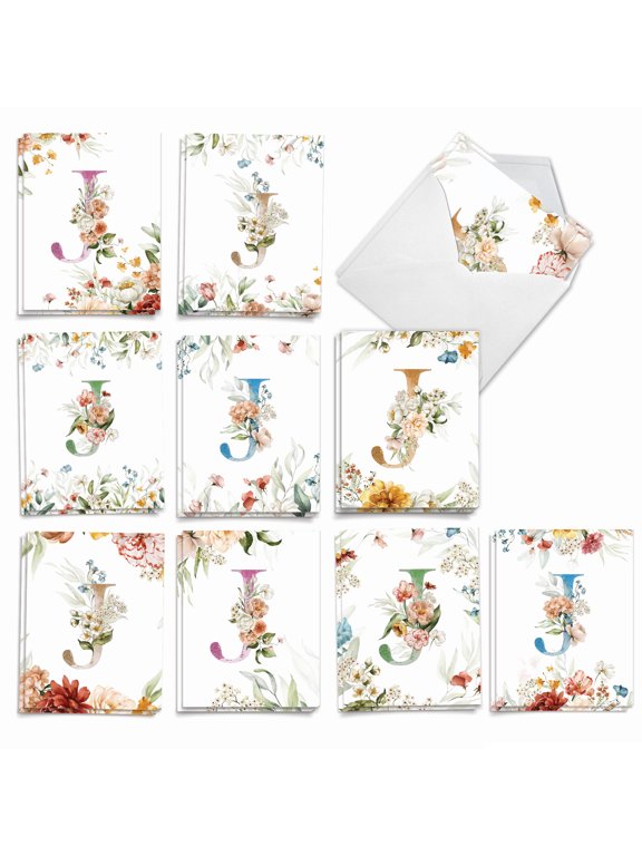 The Best Card Company 20 Assorted Blank Notes Bulk Box Set 4 x 5.12 Inch with Envelopes (10 Designs, 2 Each) Flowering Initial J AM10216OCB-B2x10
