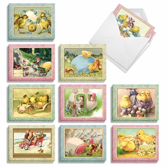 The Best Card Company 20 Assorted Blank Notes Pack Set 4x5.12 w/ Envelopes, 10x2 Designs, For Men, Women, Springtime Chicks AM3196OCB-B2x10