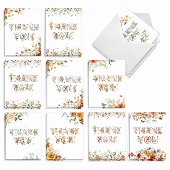 The Best Card Company 20 Assorted Blank Thank You Notes Boxed Set 4 x 5.12 Inch with Envelopes (10 Designs, 2 Each) Flowering Thanks AM10208TYB-B2x10