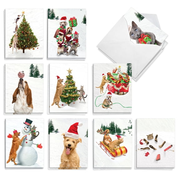 The Best Card Company 20 Assorted Christmas Note Cards set 4 x 5.12 Inch with Envelopes (10 Designs, 2 Each) Pet Holiday Antics AM8727XSG-B2x10