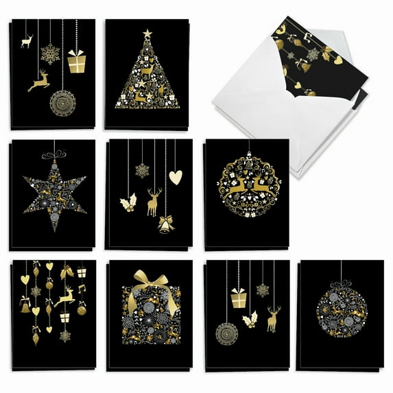 The Best Card Company 20 Assorted Christmas Notecards Box Set 4 x 5.12 Inch with Envelopes (10 Designs, 2 Each) Golden Holidays AM6723XSG-B2x10