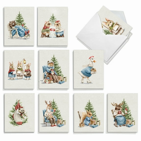 The Best Card Company 20 Assorted Christmas Notecards Boxed Set 4 x 5.12 Inch with Envelopes (10 Designs, 2 Each) Cozy Creatures AM7820XSG-B2x10